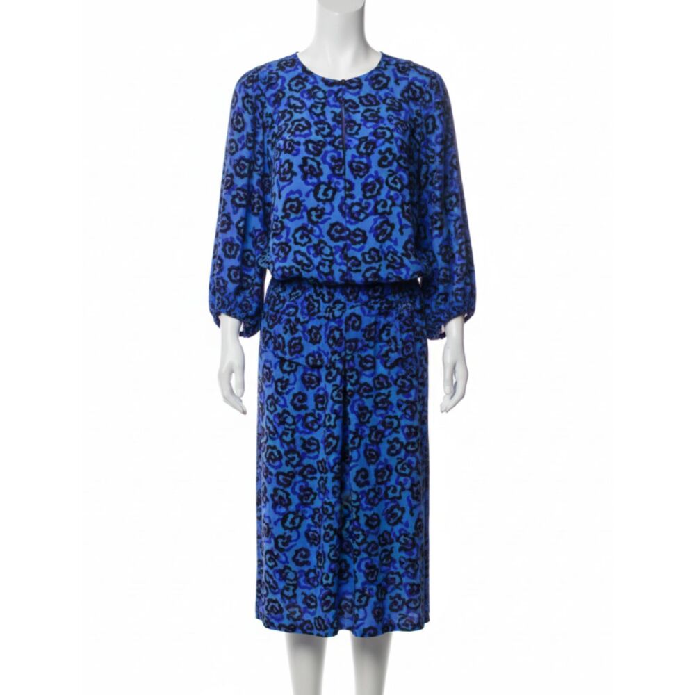 Vintage Royal Blue Black Floral Print Long Sleeve Knee Length Dress 1980s USA